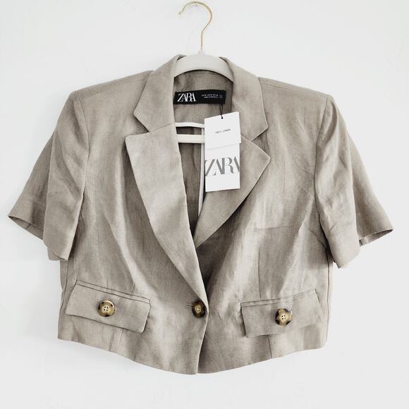 Zara Neutral Khaki Beige Short Sleeve Cropped Linen Blazer Jacket Size Medium - Picture 4 of 10